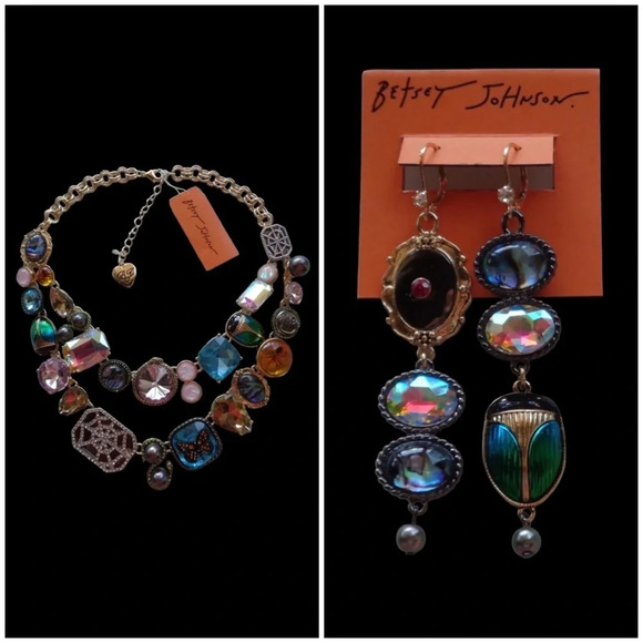 BETSEY JOHNSON SET Halloween Multi-Charm & Stones Scarab Necklace & Earrings NWT